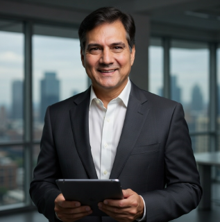 Morgan standing with tablet in office tower setting